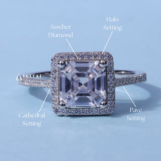 Dazzling Halo Pave Asscher Cut Moissanite Ring with centre stone measurement details