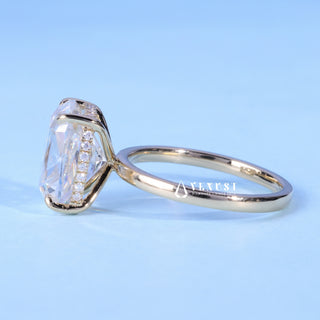 Bold 1.50ct cushion hidden halo moissanite ring close up of the setting