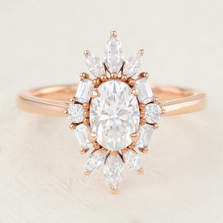 0.84 CT Oval Cluster Classic Moissanite Engagement Ring front view
