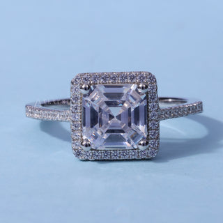 Dazzling Halo Pave Asscher Cut Moissanite Ring front view with upright centre stone