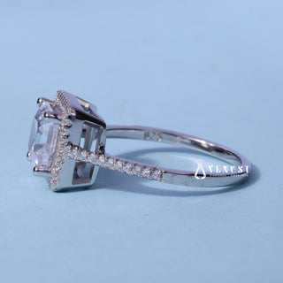 Angled view of the Dazzling Halo Pave Asscher Cut Moissanite Ring band and setting