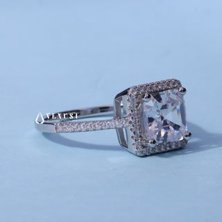 Front standing view of the Dazzling Halo Pave Asscher Cut Moissanite Ring showing the prong setting