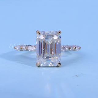 Modern 1.50ct emerald hidden halo moissanite ring front view