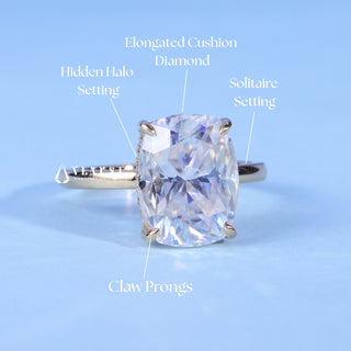 Elongated Cushion Cut Hidden Halo Moissanite Engagement Ring setting and band details