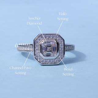 Asscher Halo Bezel Set Moissanite Engagement Ring band detail