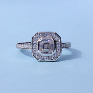 Asscher Halo Bezel Set Moissanite Engagement Ring front view