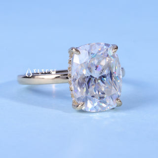 Side profile of Elongated Cushion Cut Hidden Halo Moissanite Engagement Ring