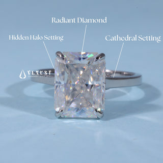 Radiant Hidden Halo Moissanite Cathedral Engagement Ring with centre stone measurement details