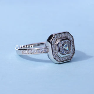 Asscher Halo Bezel Set Moissanite Engagement Ring side view