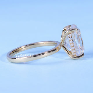Angled view of Elongated Cushion Cut Hidden Halo Moissanite Engagement Ring