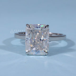 Radiant Hidden Halo Moissanite Cathedral Engagement Ring front view with upright centre stone