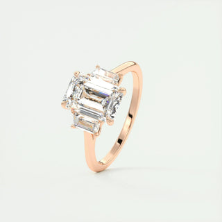 Radiant 1.91ct emerald three stone moissanite ring side profile view