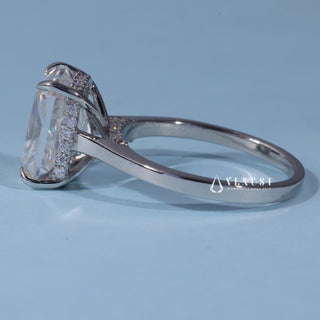 Angled view of the Radiant Hidden Halo Moissanite Cathedral Engagement Ring band and setting