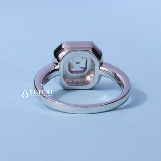Asscher Halo Bezel Set Moissanite Engagement Ring angled view