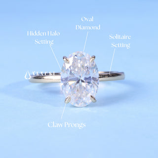 Oval Cut Moissanite Hidden Halo Solitaire Ring with centre stone measurement details