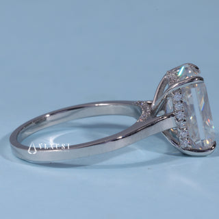 Front standing view of the Radiant Hidden Halo Moissanite Cathedral Engagement Ring showing the prong setting