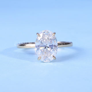 Oval Cut Moissanite Hidden Halo Solitaire Ring front view with upright centre stone