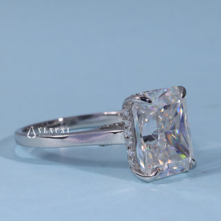 Top view of the Radiant Hidden Halo Moissanite Cathedral Engagement Ring centre stone