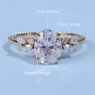Refined 1.50ct oval cluster moissanite ring shown on a finger