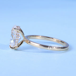 Angled view of the Oval Cut Moissanite Hidden Halo Solitaire Ring band and setting