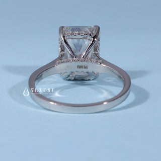 Close-up of the Radiant Hidden Halo Moissanite Cathedral Engagement Ring centre stone and setting