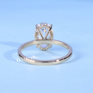 Front standing view of the Oval Cut Moissanite Hidden Halo Solitaire Ring showing the prong setting
