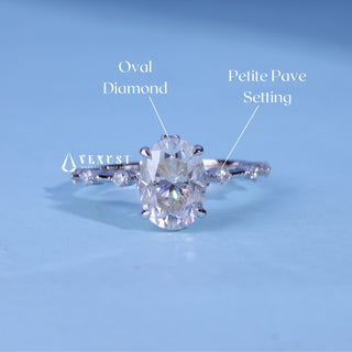 Oval Cut Moissanite Petite Pave Engagement Ring with centre stone measurement details