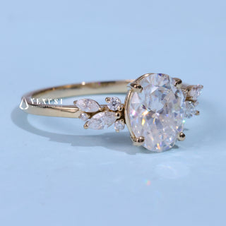 Refined 1.50ct oval cluster moissanite ring angled view showing its sparkle
