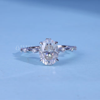 Oval Cut Moissanite Petite Pave Engagement Ring front view with upright centre stone
