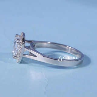 Front standing view of the Asscher Halo Moissanite Split Shank Engagement Ring showing the prong setting