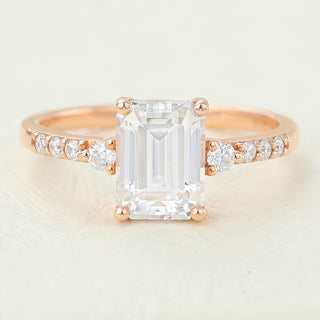 1.60 CT Emerald Brilliant Pave Moissanite Engagement Ring front view