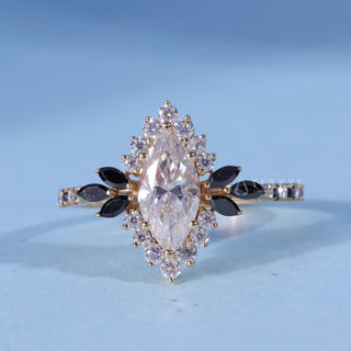Marquise Cut Moissanite Vintage Cluster Engagement Ring front view with upright centre stone