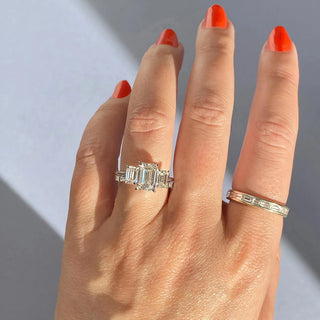 1.91 CT Emerald Cut Three stone Moissanite Engagement Ring detail view
