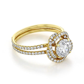 Lustrous 1.0ct round halo moissanite ring side profile view image 2