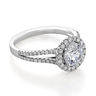Modern 1.0ct round halo moissanite ring side profile view image 2