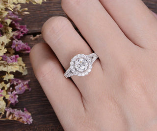 1.60CT Round Cut Halo Split Shank Setting Moissanite Engagement Ring