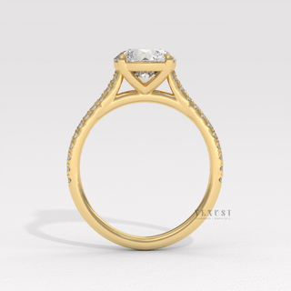 Round bridal moissanite ring with cathedral profile