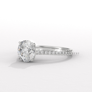 Round cut moissanite diamond ring close up  Round Pave Cathedral detail view 4
