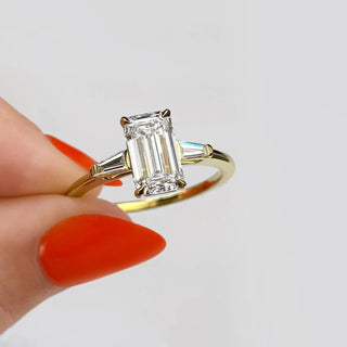 Graceful 1.91ct emerald three stone moissanite ring overhead view