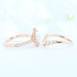 Brilliant 1.60ct pear halo moissanite ring side profile view