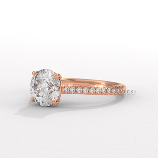 Two carat round cut moissanite ring angled view
