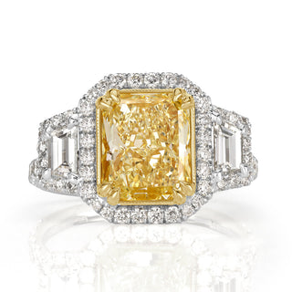Fancy light yellow radiant halo moissanite ring front view