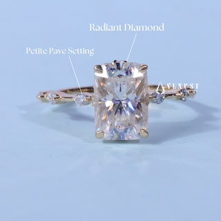 Petite Pave Radiant Cut Moissanite Ring with centre stone measurement details