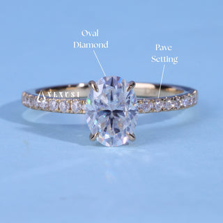 Oval Cut Moissanite Pave Engagement Ring with centre stone measurement details