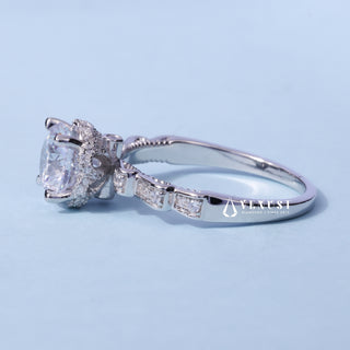 Round Brilliant Moissanite Cluster Engagement Ring close-up of the centre stone