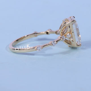 Petite Pave Radiant Cut Moissanite Ring resting on its side showing the slim band