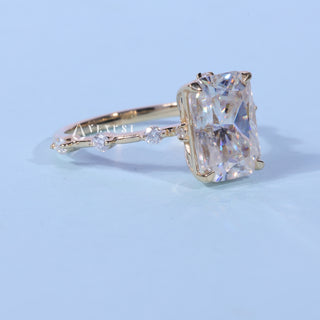 Front standing view of the Petite Pave Radiant Cut Moissanite Ring showing the prong setting