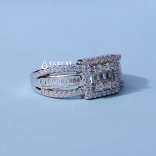 Round Baguette Moissanite Cluster Engagement Ring angled view
