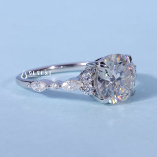 Lustrous 1.0ct round cluster moissanite ring angled view showing its sparkle