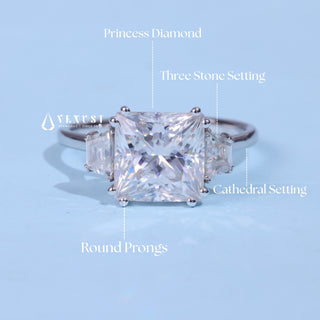 3.0CT Princess Cut Moissanite Diamond Three Stone Engagement Rings